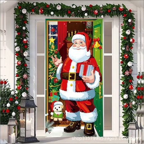 Décoration de porte de Noël 2026, tissu de fond extérieur, polyester, tenture suspendue - 90 x 190 cm (élastique) - Style 20