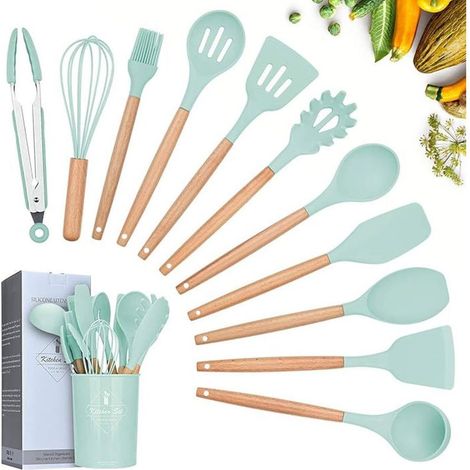 12 pièces ustensiles cuisine en silicone et bois, tête antiadhésive verte clair, manche ergonomique, lot complet pour cuisine quotidienne