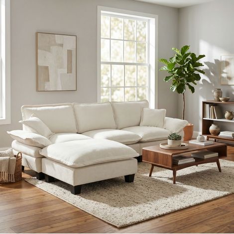 Sofá de esquina modular chenilla beige 263x151x90 cm con otomana móvil (1/5)