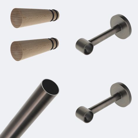 Kit de tringle à rideaux Carbone 150cm Diam.20mm Embout Cône Bois - Fixation Mur - Boulet (1/3)