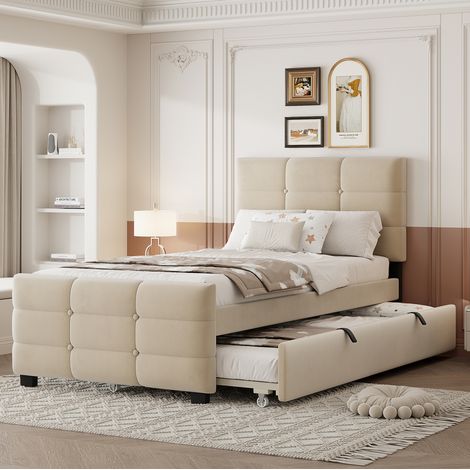 Lit gigogne 90x190 cm avec tête de lit rembourrée, en velours beige, sans matelas (1/5)