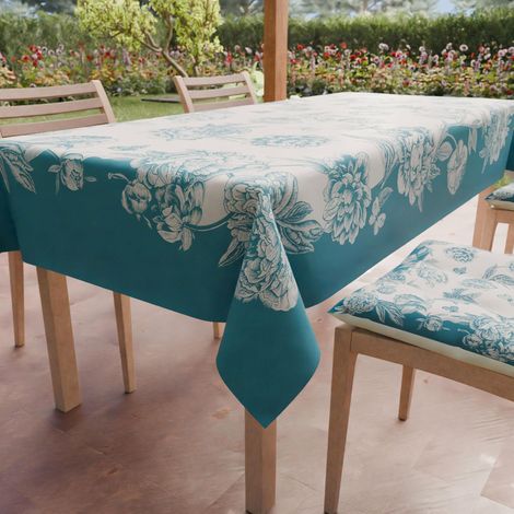 Nappe Anti-Taches Rectangulaire (140 x 180 cm) Couvre-Table de Cuisine, Motif Pivoines Bleu Canard, X6 Places, 100% fabriquée en Italie (1/4)