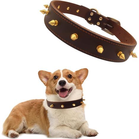 Adjustable Anti-Bite Studded Leather Dog Collar, Individual Rivet Spike Collar for Small and Medium Dogs - L (1/5)