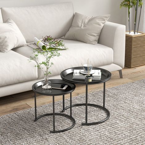 Lot de 2 tables basses noires, rondes et empilables, avec plateau amovible en acier. (1/5)