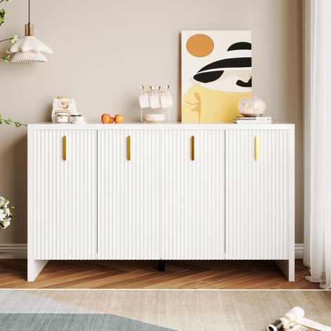 Sideboard aus Spanplatte Weiß 140 x 38 x 80 cm mit 4 Türen, verstellbarem Einlegeboden und goldenen Griffen (1/5)