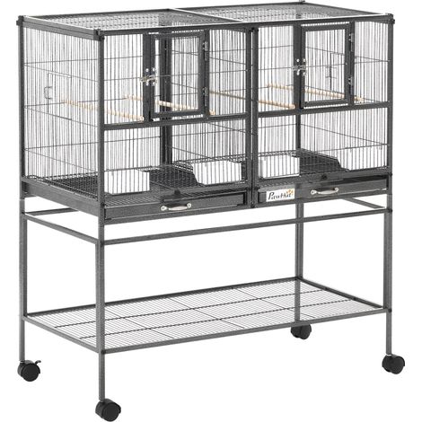 Cage à oiseaux avec séparateur, mangeoire et perchoir, 95 x 45,5 x 102 cm (L x l x H), noir et gris (1/5)