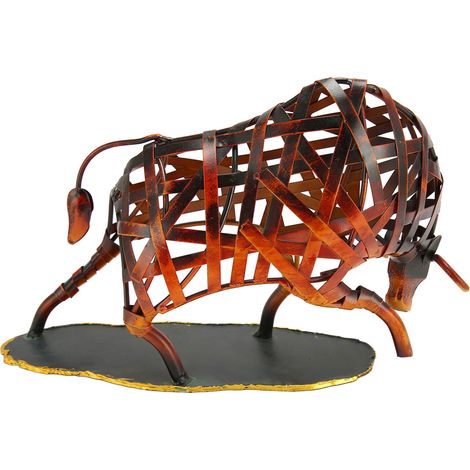 Sculpture de taureau en métal creux, style rétro, socle stable, détails soignés, statue du taureau de Wall Street pour table ou étagère. (1/5)