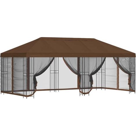Un gazebo avec parois latérales, 6 x 3 mètres, en fibre de polyester marron et structure en acier, 190 cm de haut. (1/5)