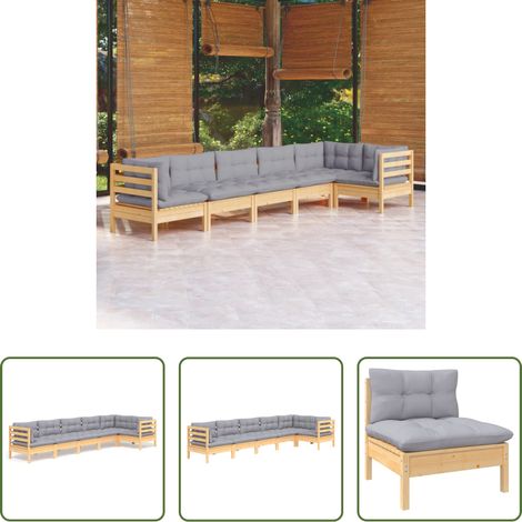 Holzgartenmöbel - 6-tlg. Garten-Lounge-Set mit Grauen Kissen Kiefernholz (1/5)