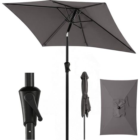 Parasol rectangulaire avec système de manivelle, tube en acier de 38 mm et baleines ovales de 12 x 18 mm, parasol de marché, protection solaire pour balcon, jardin, gris, 210 × 140 cm (1/5)