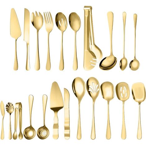 Lot de 22 couverts de service en acier inoxydable 304 – Couverts de buffet dorés pour mariage, fête et cuisine  Cuillère de service, pinces, louches, pelle à tarte et plus (1/5)