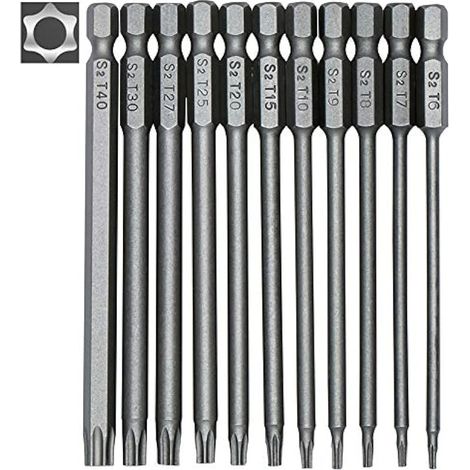 Jeu de 11 embouts longs Torx pour tournevis et visseuse électrique - Embouts magnétiques - Tige hexagonale de 1/4" - Tailles T6 à T40 - Longueur 100 mm (1/5)