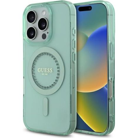 Funda rígida Guess GUHMP16XPFTDTEN para iPhone 16 Pro Max de 6,9 pulgadas, color verde/verde, con diamantes de imitación IML y MagSafe. (1/5)
