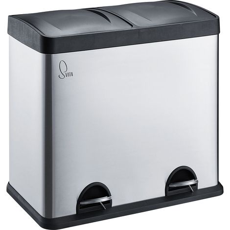 Svita – Poubelle à pédale inox 48L – 2 compartiments pour tri des déchets – Dimensions 54x59x33 cm – Seaux intérieurs en plastique
