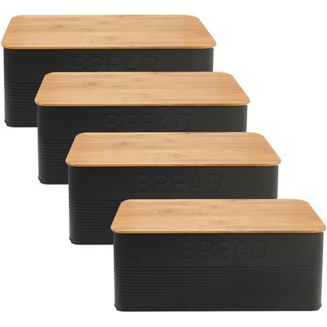 Boîte à pain - JUANIO - Lot de 4 - Métal & bambou - Noir/Naturel - Grande capacité 33x18x13 cm (1/4)