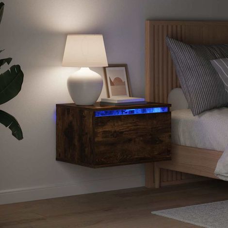 Mesitas de noche de pared con luces LED 2 uds roble ahumado