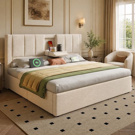 Letto contenitore 140x200 cm beige in lino con ricarica USB-C e portabicchieri (1/5)