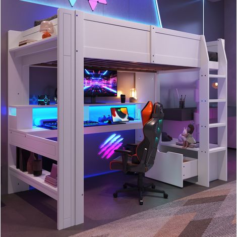 MEUBLIV Letto a soppalco 90x200 cm bianco – scrivania, LED 16 colori, senza materasso (1/5)