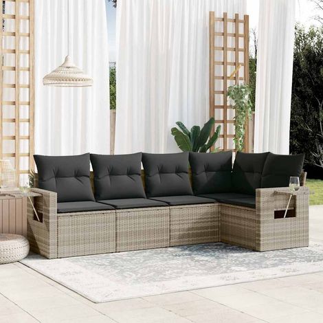 5-tlg. Garten-Sofagarnitur mit Kissen Hellgrau Poly Rattan (1/3)