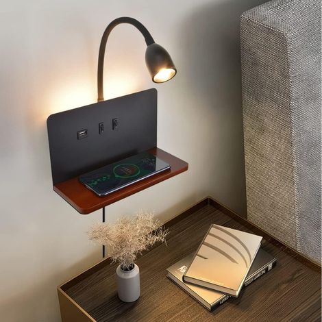 Schwarz Wandleuchte mit Wireless Charger, Dimmbare Leselampe Wandmontage mit USB-Ladeanschluss Wandlampe mit Stecker, Flexible Schwanenhals Bett Leselicht,Wandlampe mit warmweiß Hintergrundbeleuchtung (1/5)
