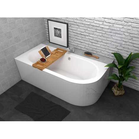 ECOLAM Baignoire de coin Avita 150x75 cm gauche + tablier en acrylique  étagère en bambou  pieds siphon + silicone  set complet