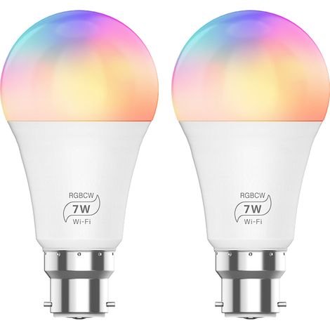 Lot de 2 Ampoules LED 7W 100-264V Douille B22 WiFi Bluetooth Connexion Sans Fil Contrôle Intelligent App Smartphone Commande Vocale 16M Couleurs 20 Modes Dynamiques Musique Synchro Minuterie (1/3)