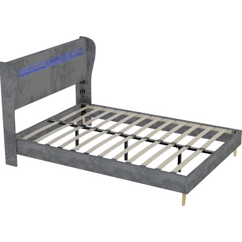 Cama tapizada moderna 140x200 cm gris con cabecero LED, tela y metal (1/5)