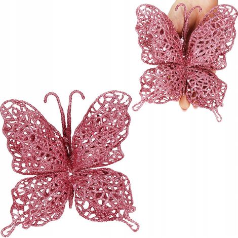 PENDENTE FARFALLA PER ALBERO DI NATALE GRANDE DECORAZIONE NATALIZIA ROSA 16cm COME VERO