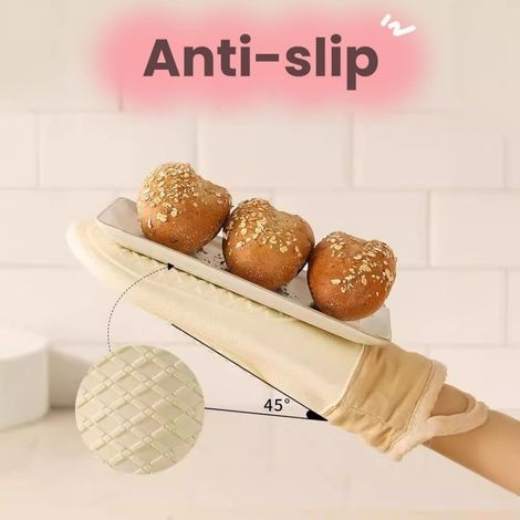 Silikon-Ofenhandschuhe - Hitzebeständig bis 428°F, Zwei-Finger-Silikon-Ofenhandschuhe, rutschfest und wasserdicht, geeignet zum Backen, Kochen und Grillen (Beige).