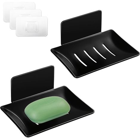 Set di due portasapone a striscia - portasapone autoadesivo per doccia, adatto per pareti della doccia - vassoio portasapone rettangolare in alluminio - nero (1/5)