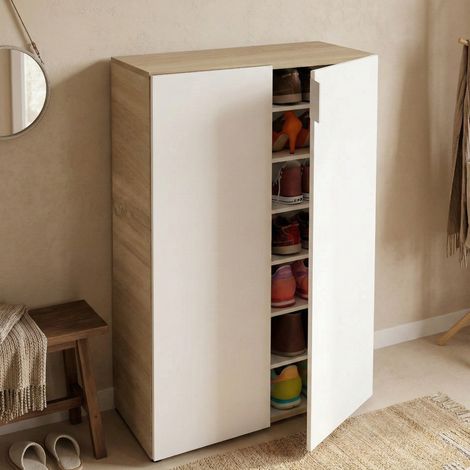 Dmora Armario multifunción Olathe, Armario auxiliar de 2 puertas, Armario zapatero bajo con 6 baldas, Zapatero bajo, cm 70x36h103, Roble y Blanco, con embalaje reforzado (1/4)
