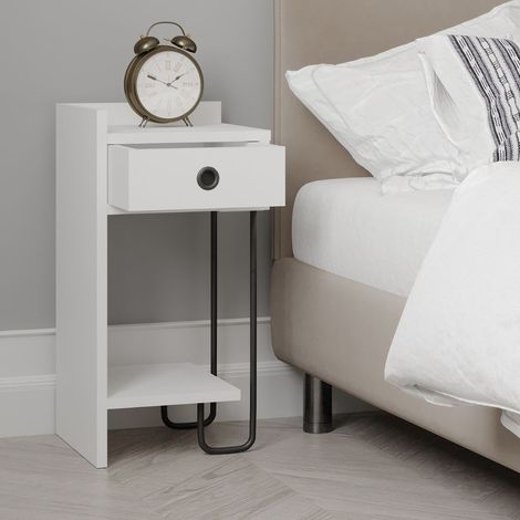 Comodino Sirius bianco con cassetto e gamba in metallo nero sinistro (1/5)