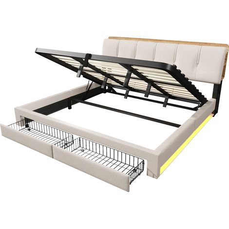 Lit coffre 180x200 cm, lit capitonné beige en lin avec LED et ports USB, tête de lit avec rangement et tiroirs, sans matelas. (1/5)