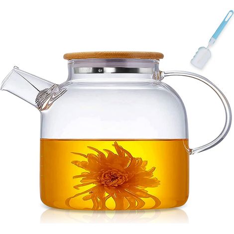 Théière avec infuseur, 1500 ml, en verre borosilicate résistant à la chaleur, avec filtre amovible, design moderne et élégant pour thé, thé à fleurs et jus (1/5)