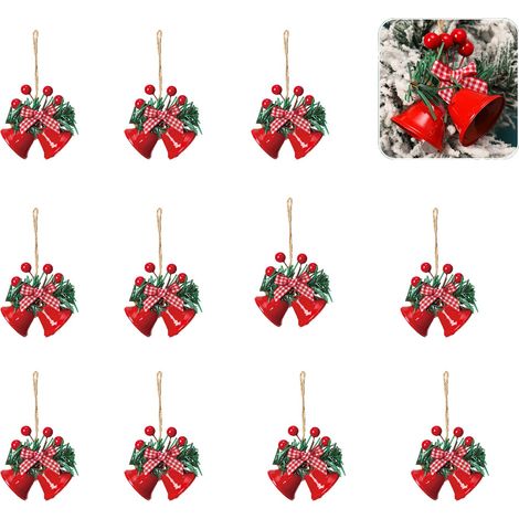 Lot de 12 cloches de Noël suspendues pour sapin de Noël, cloches suspendues, sonnettes de porte, idéales pour les fêtes de Noël (rouge) (1/5)