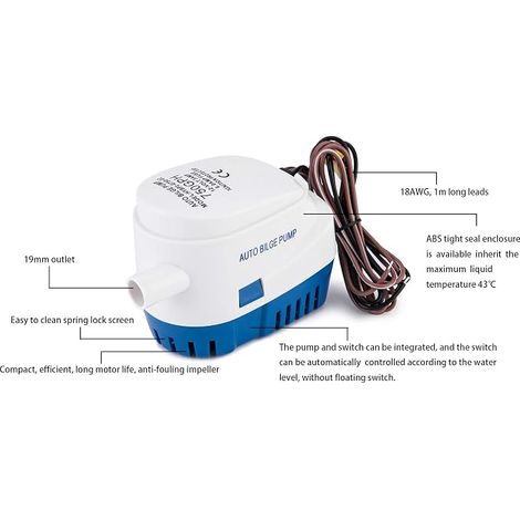 Pompe de cale automatique immergée pour bateaux, 12V 750GPH Auto avec interrupteur à flotteur, filtre à clip (diamètre de sortie 3/4 pouces / 19mm), pompes de cale pour bateaux, étangs, piscines, camp (1/4)