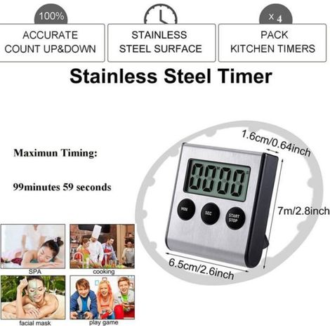 Minuteur Cuisine - Ecran LCD Grand Format - Alarme Puissante - Dos Magnetique - Support Retractable - 1 Unite (1/4)