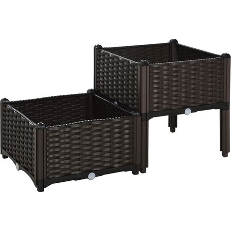 Hochbeet Doppelter Pflanzkasten Rattan-Look 80x40x44cm mit Abflusslöchern aus PP in Braun für Garten Balkon