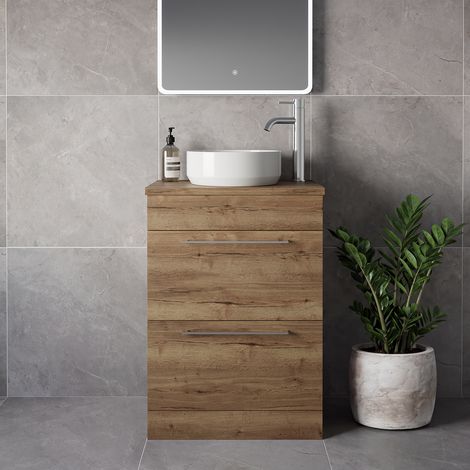 Napoli 390 Tobacco Oak 600mm 2 Drawer Vanity Unit for Countertop Basins - 600mm - Chrome 320mm Handle