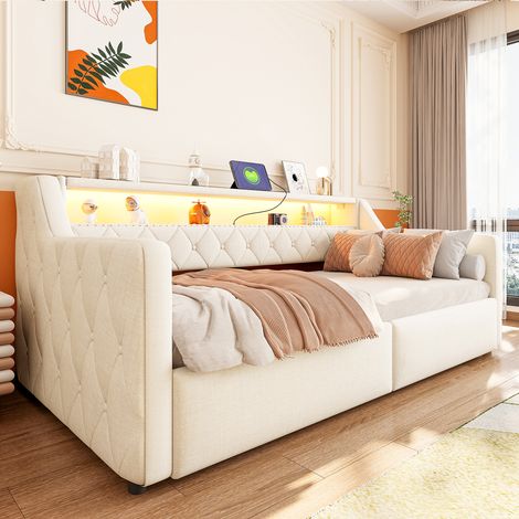 Banquette-lit 90 × 200 cm avec bande lumineuse LED, rangement hydraulique, matelas non inclus, ports USB et Type-C, revêtement en lin beige. (1/4)