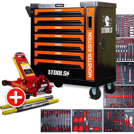 Servante d'atelier BM TOOLS 9/7 MONSTER-EDITION-ORANGE 7 tiroirs pleins 257 outils + Cric hydraulique Kraft Muller 2,25T ROUGE (1/5)