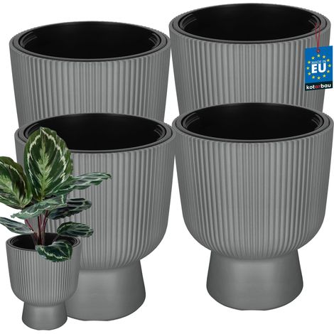 KOTARBAU® Lot de 4 Pot de Fleur - Pot Plastique Plante Ø 29 cm - avec Bac Intérieur -  Pot de Jardin - Pot de Fleur Exterieur -  H : 36 cm - PVC - Gris - Nervuré (1/4)
