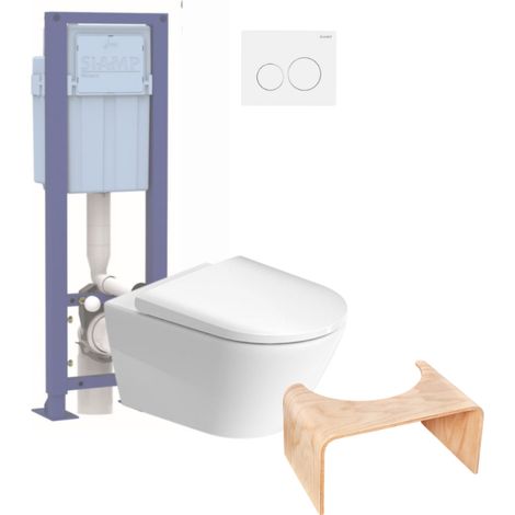 Pack WC suspendu sans bride DURAVIT D-Neo avec abattant frein de chute + bati support SIAMP + Plaque chromée + Tabouret