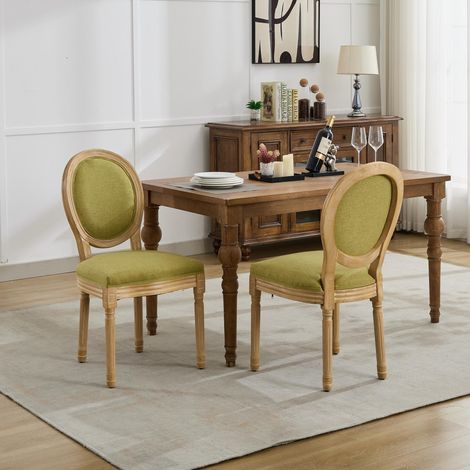 Chaises de salle à manger de style français, structure en bois massif, revêtement en lin et dossier en rotin, lot de 2, vert olive, DE1845OL (1/5)