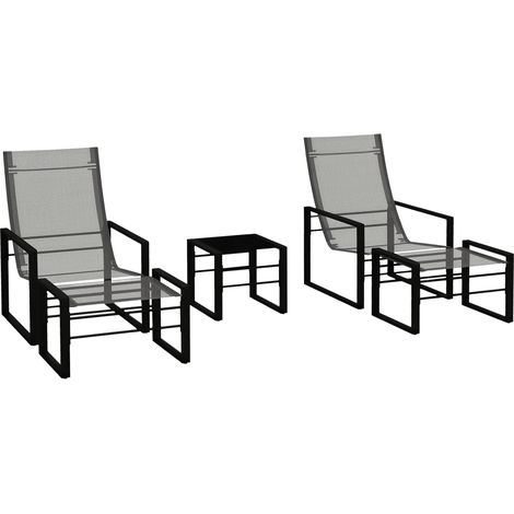 5-teiliges 2-Sitzer-Gartenmöbelset mit 2 Sesseln, 2 Fußhockern und 1 Tisch, schwarzem Metallgestell, grauen Netzgewebesitzen (1/5)
