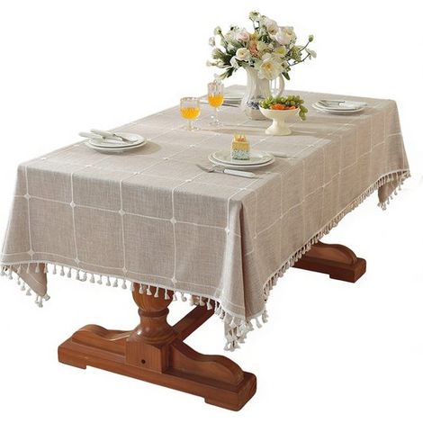 Karierte Tischdecke mit Quasten – waschbar – für Küche, Esszimmer oder Partys – hellbraunes Karomuster – 90 × 140 cm (1/5)