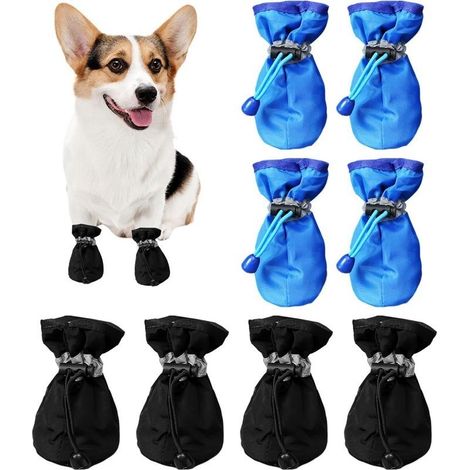 Lot de 4 paires de chaussures pour chien avec semelles souples Avec cordon de serrage Antidérapantes Pour l'intérieur et l'extérieur Bottes de pluie imperméables pour animaux de compagnie (1/5)