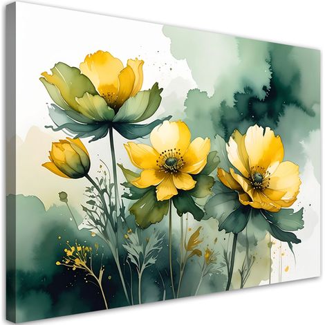 Image sur Toile, Fleurs jaunes printanières sur fond vert tendre,30x20 (1/4)