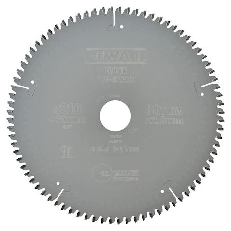Lame carbure scie circulaire - Epaisseur : 2.6 - Diametre : 216 - Dents : 80 - Coupe : Bois, Alu - fine - DEWALT (1/10)