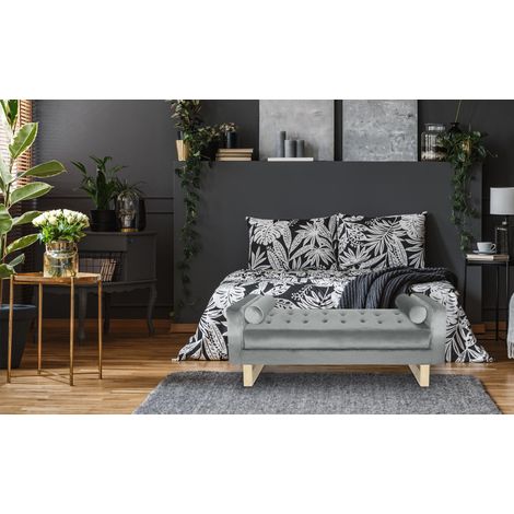 Cotecosy – Banquette capitonnée en velours argent 160x60x60 cm – Structure métal doré – 2 coussins cylindriques inclus – Design moderne et chic (1/5)